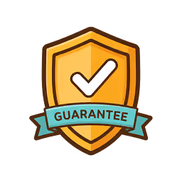 Orange shield with a white checkmark and a teal banner reading guarantee.