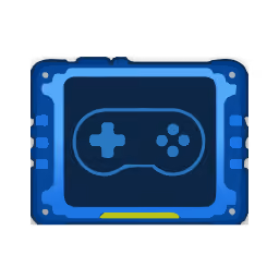 Blue icon of a game controller with directional pad and buttons on a dark background.