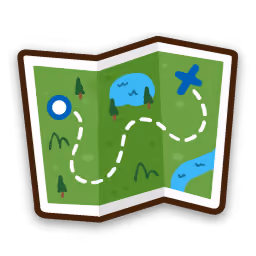 Cartoon folded map with path marked by dotted line, lake, trees, and an X mark.