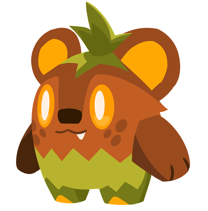 Cartoon brown bear with green leafy head and striped green lower body standing on two legs.