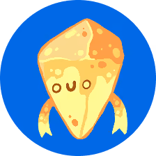 Cute cartoon cheese character with eyes, mouth, and arms on a blue circular background.