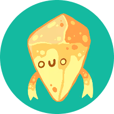 Cute cartoon cheese wedge with a smiling face and arms on a green circular background.