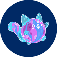 Round cartoon cat with blue and purple patterns floating on dark blue background.