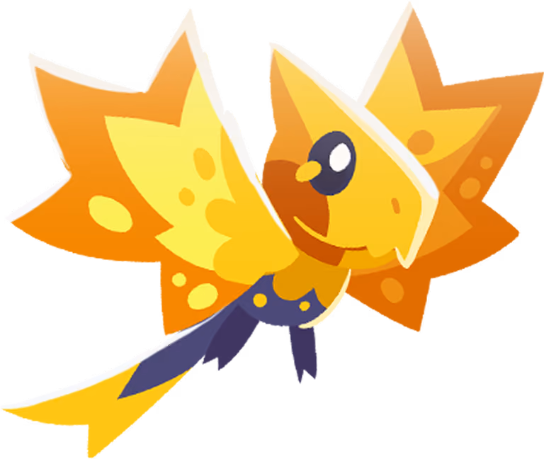 Stylized yellow and orange bird with large wings and a blue eye flying to the right.