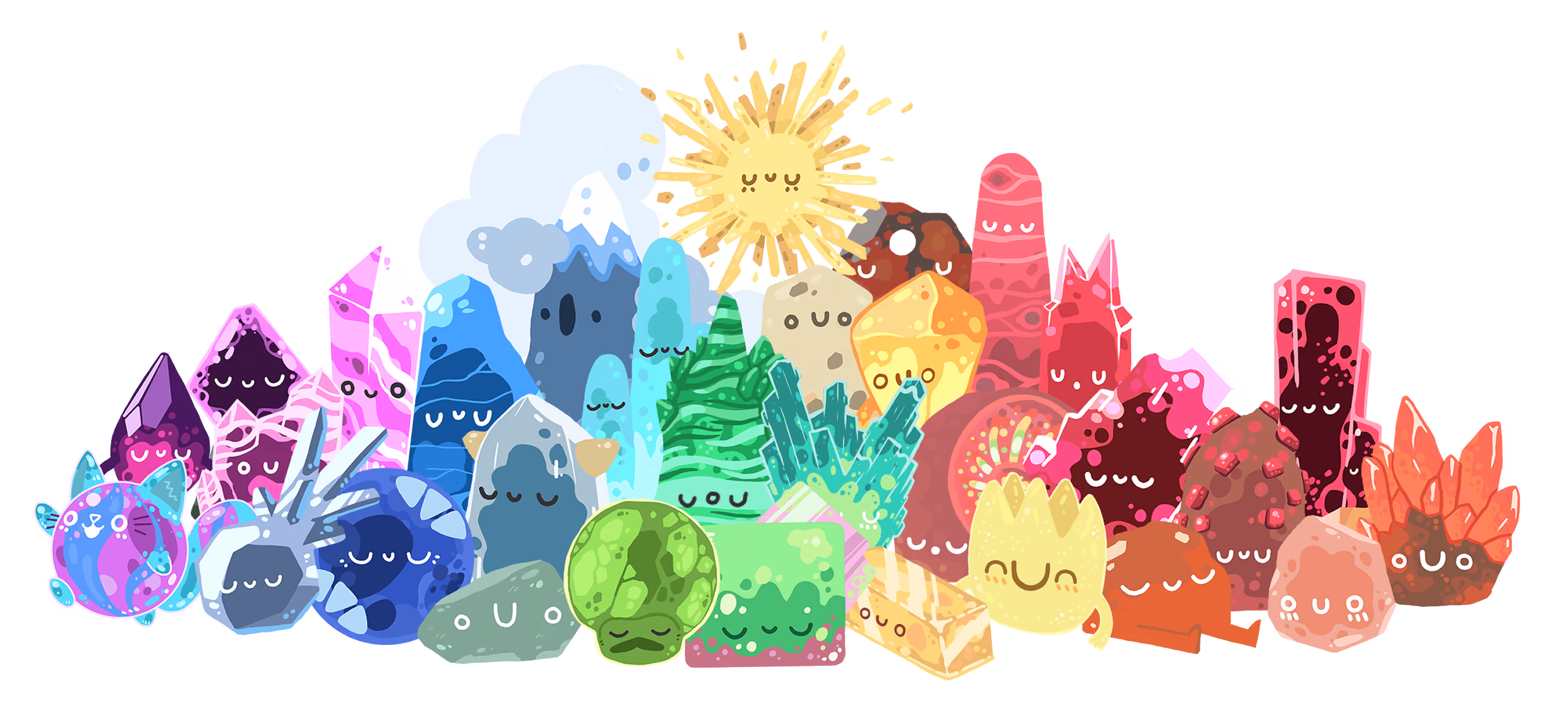 Colorful cartoon crystals and mineral characters with smiling faces arranged in a rainbow gradient.