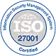 Blue and white circular badge stating ISO 27001 Information Security Management System certified.