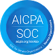 Blue circular badge with text AICPA SOC and subtext cybersecurity at bottom.