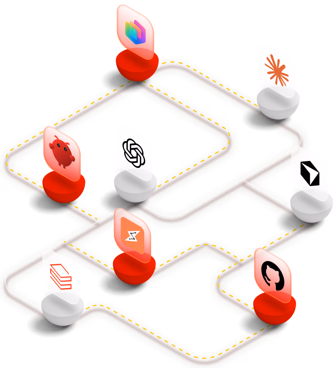 3D network diagram with red and white nodes showing technology and software platform logos.