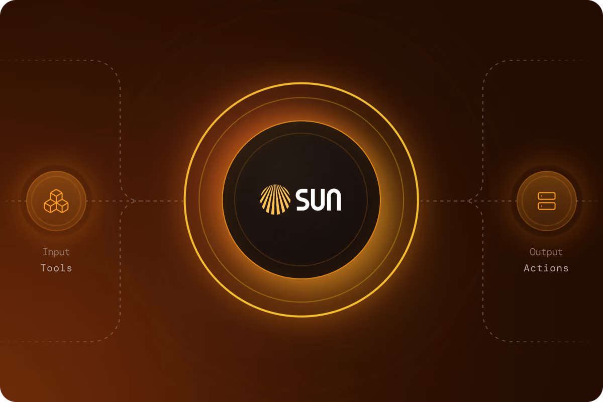 Central dark circle with Sun.Security Logo Symbol framed by glowing concentric circles; left 'Input Tools', right 'Output Actions'.