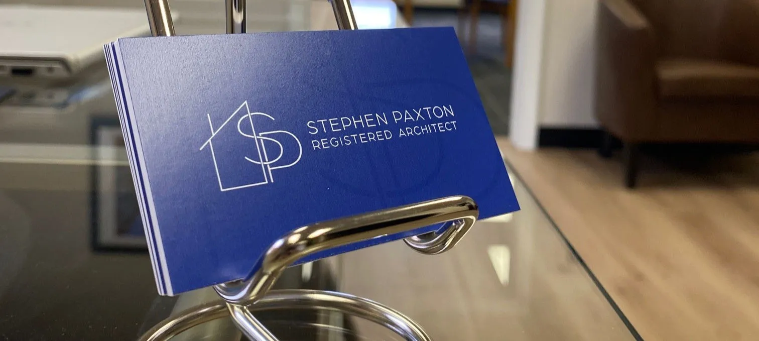 Business card of Stephen Paxton, the registered architect Scott Martin Homes partners with.