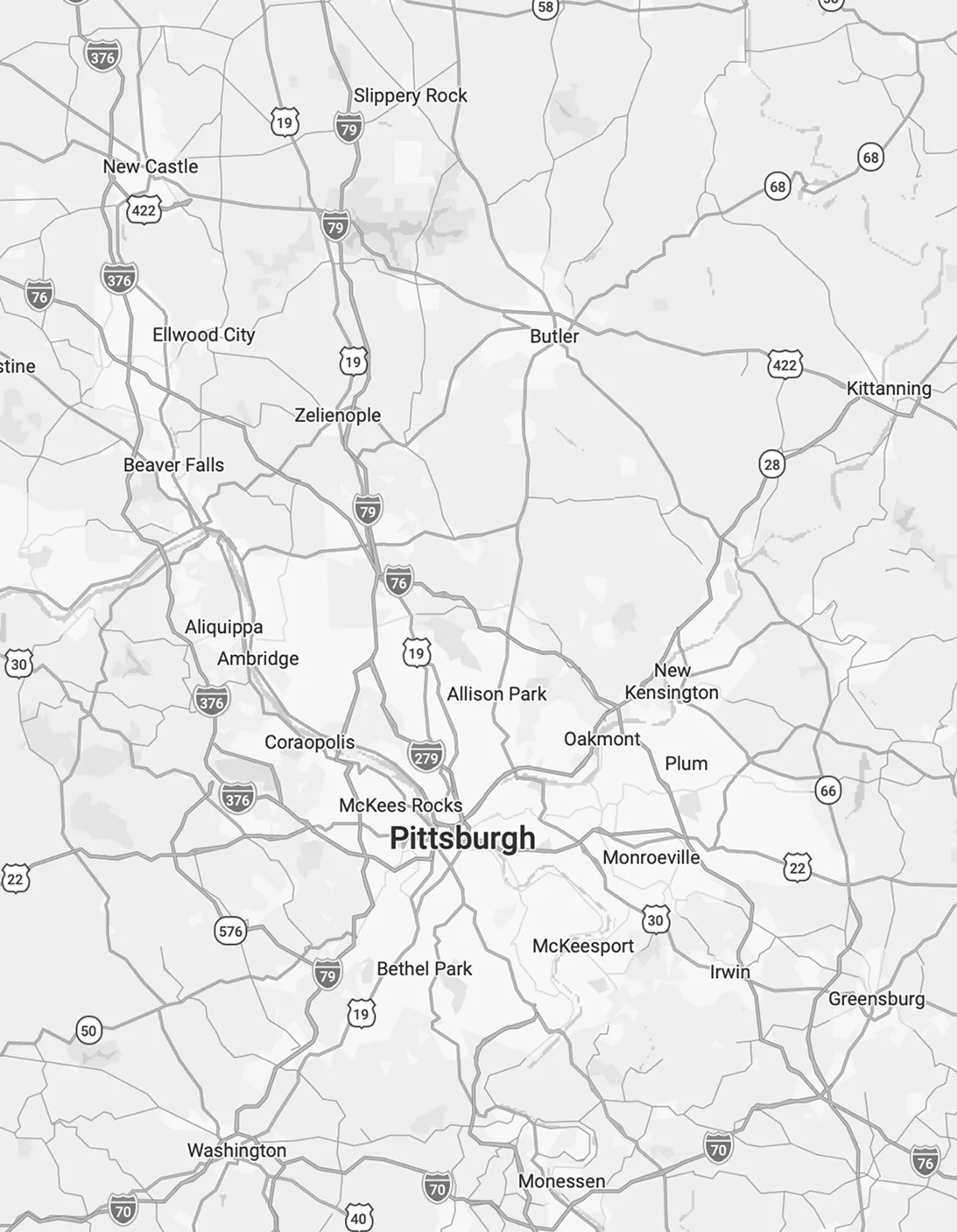 Map of the Scott Martin Homes service area across Butler, Pittsburgh, and Western Pennsylvania