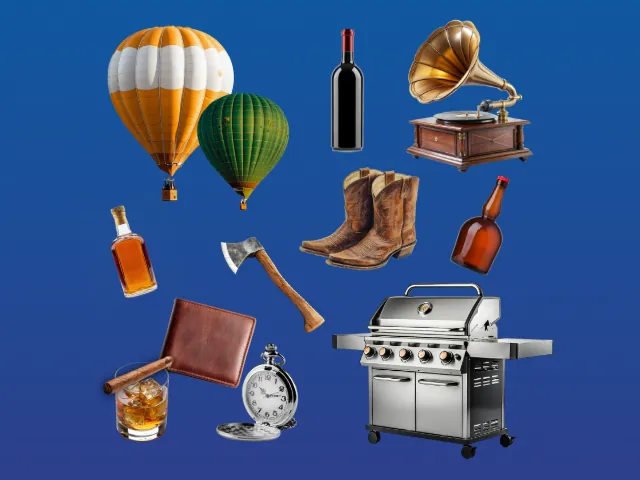 An illustrated collage of gift objects including hot air balloons, a gramophone, cowboy boots, a pocket watch, a leather wallet, a whiskey glass with a cigar, and a grill.