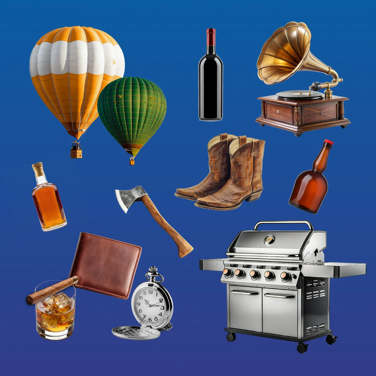 An illustrated collage of gift objects including hot air balloons, a wine bottle, a gramophone, cowboy boots, a pocket watch, a leather wallet, a whiskey glass with a cigar, and a stainless steel grill.