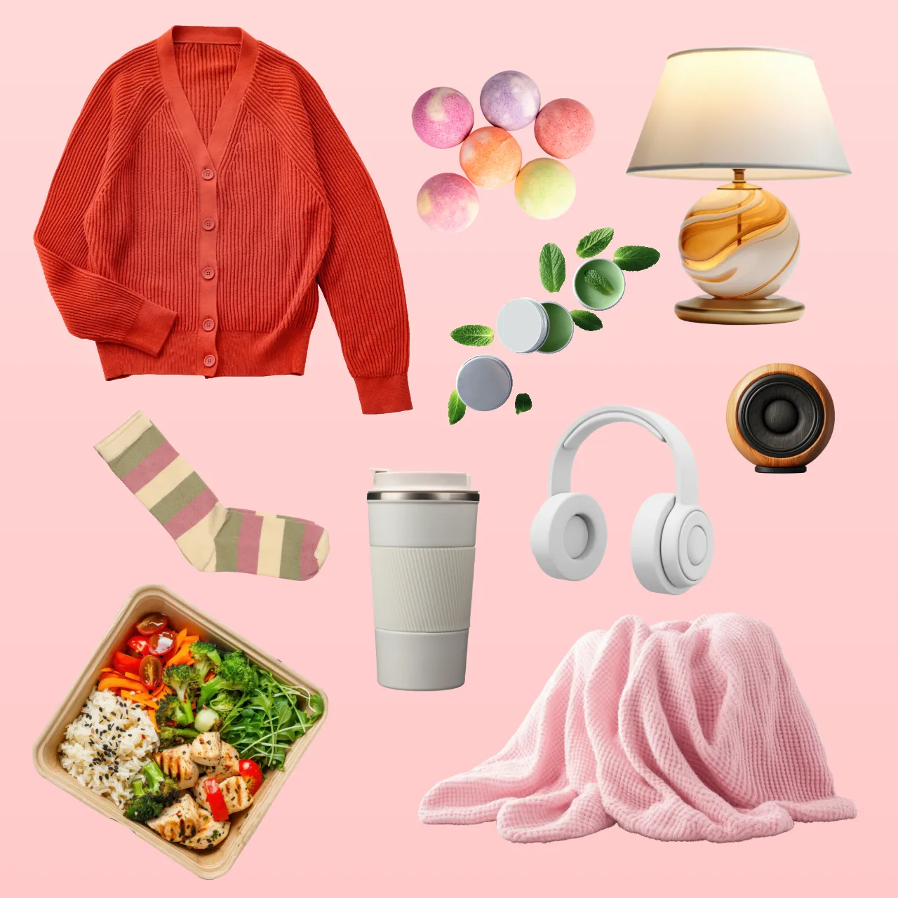 A flat lay of baby shower gift items on a pink background, including an orange cardigan, bath bomb spheres, mint balm tins, a table lamp, striped socks, an insulated tumbler, headphones, a speaker, a meal container, and a pink blanket.