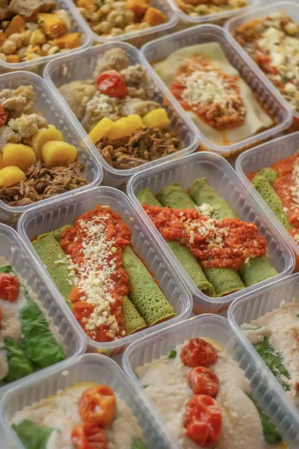 An overhead view of multiple prepared meal containers filled with a variety of dishes, ready to heat and eat.