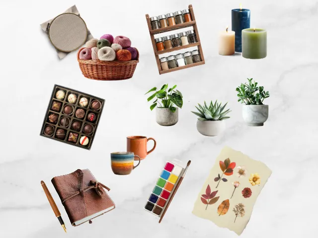 A cropped flat lay of birthday gift ideas for a best friend's 35th, including an embroidery hoop, a yarn basket, a spice rack, pillar candles, a chocolate box, potted plants, ceramic mugs, a leather journal, a watercolor palette, and pressed flowers.