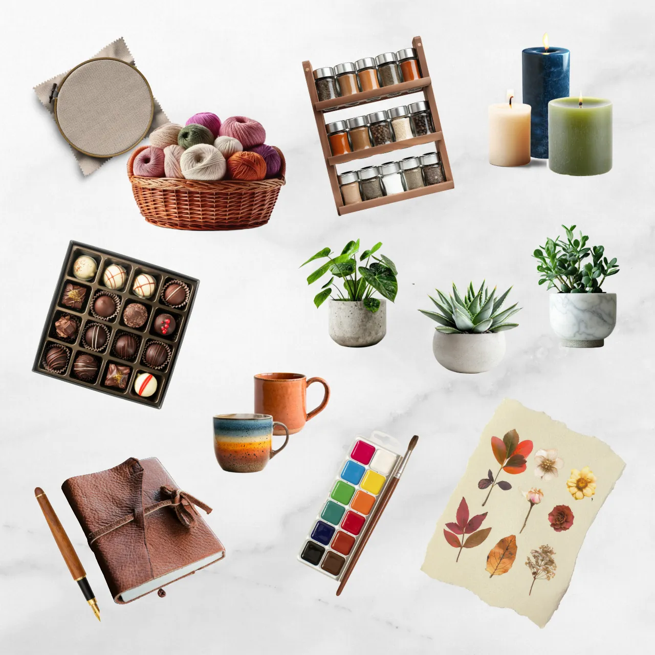 A flat lay of birthday gift ideas for a best friend's 35th, including an embroidery hoop, a yarn basket, a spice rack, pillar candles, a chocolate box, potted plants, ceramic mugs, a leather journal, a watercolor palette, and pressed flowers.
