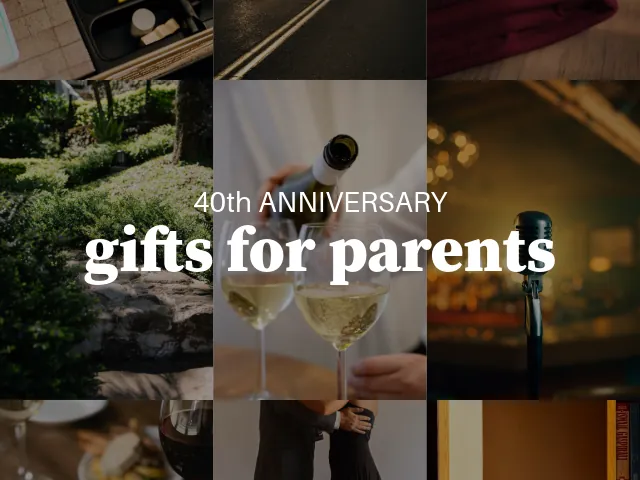 A cropped collage of anniversary gift scenes, a charcuterie board, a winding road, and wine being poured, with the text 40th Anniversary gifts for parents overlaid across the middle.