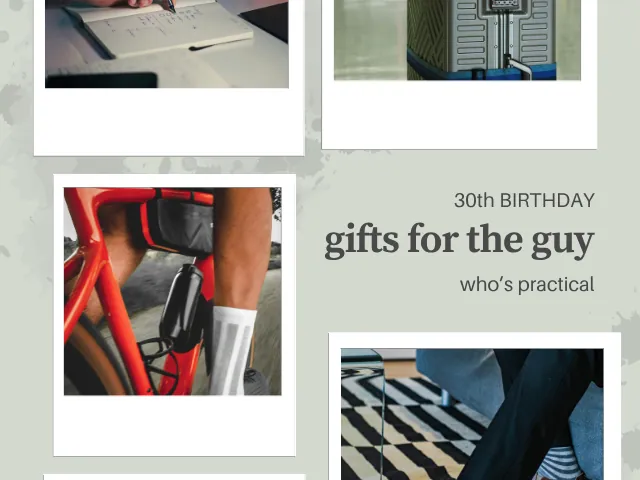 A cropped collage of photos including a hand writing in a notebook, a suitcase in an airport, and a cyclist on a red bike, next to text reading "30th birthday, gifts for the guy who's practical."