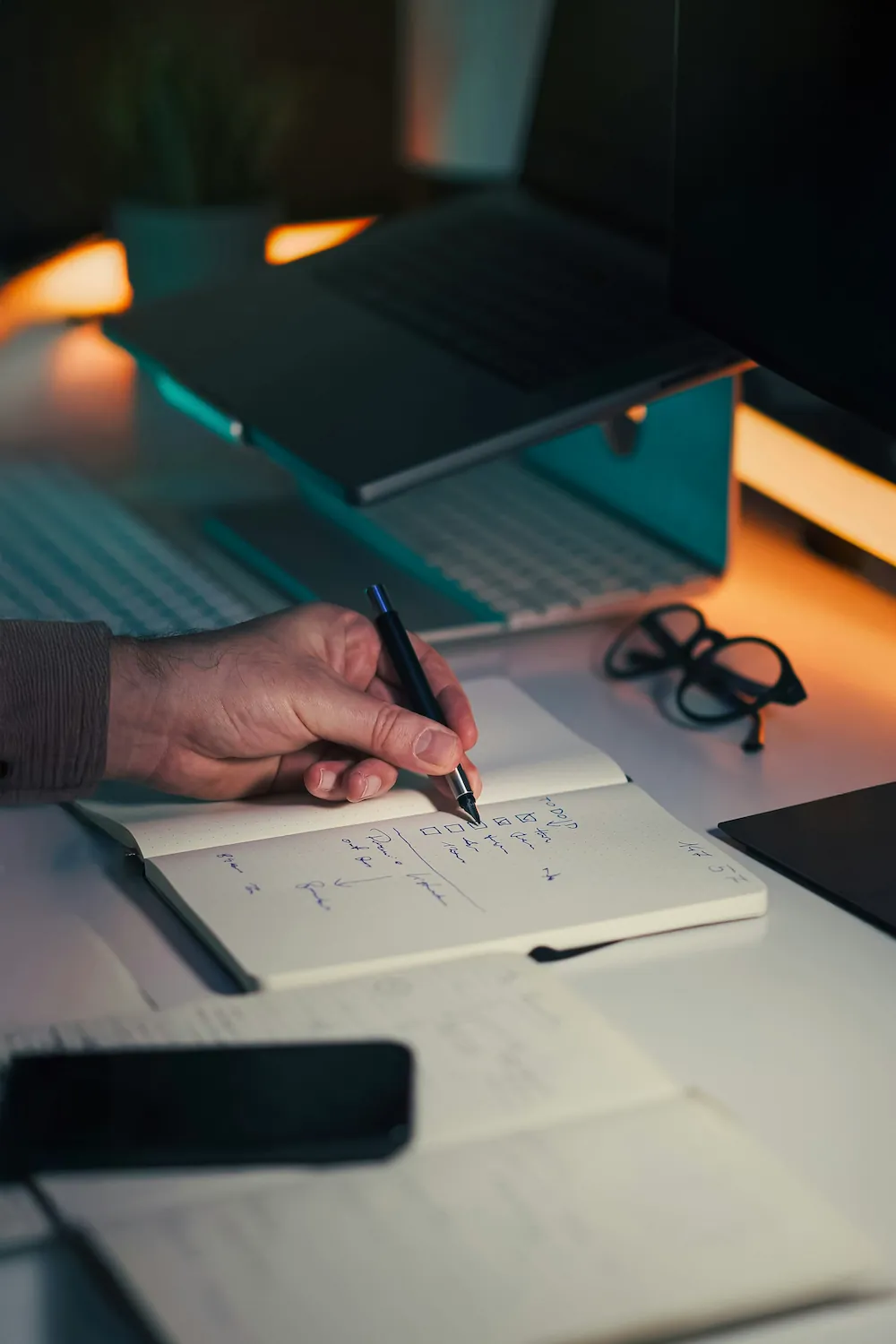 A hand writes in an open notebook at a desk with reading glasses, a phone, and a laptop nearby under warm lighting.
