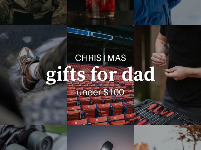 A collage of outdoor gear, whiskey, tools, and stadium seating with the text "Christmas, gifts for dad, under $100."