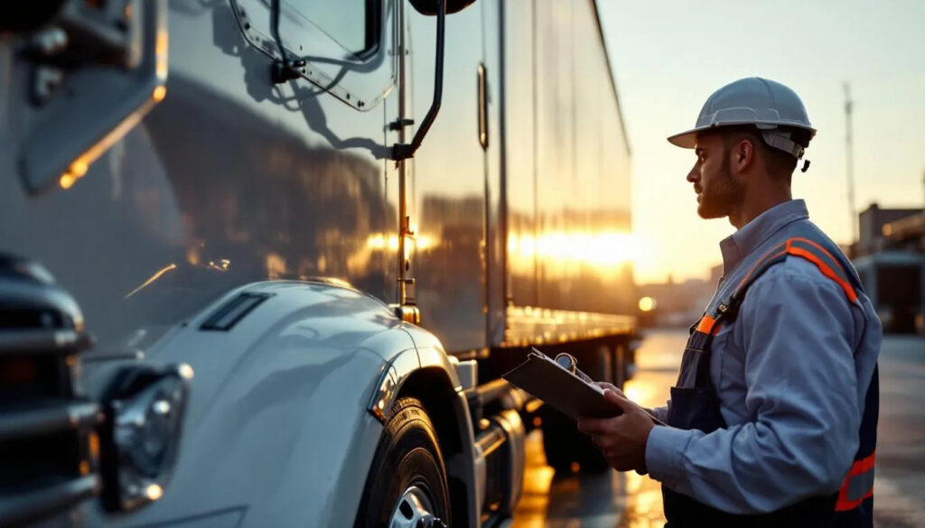 Worker reviewing a clipboard beside a commercial truck