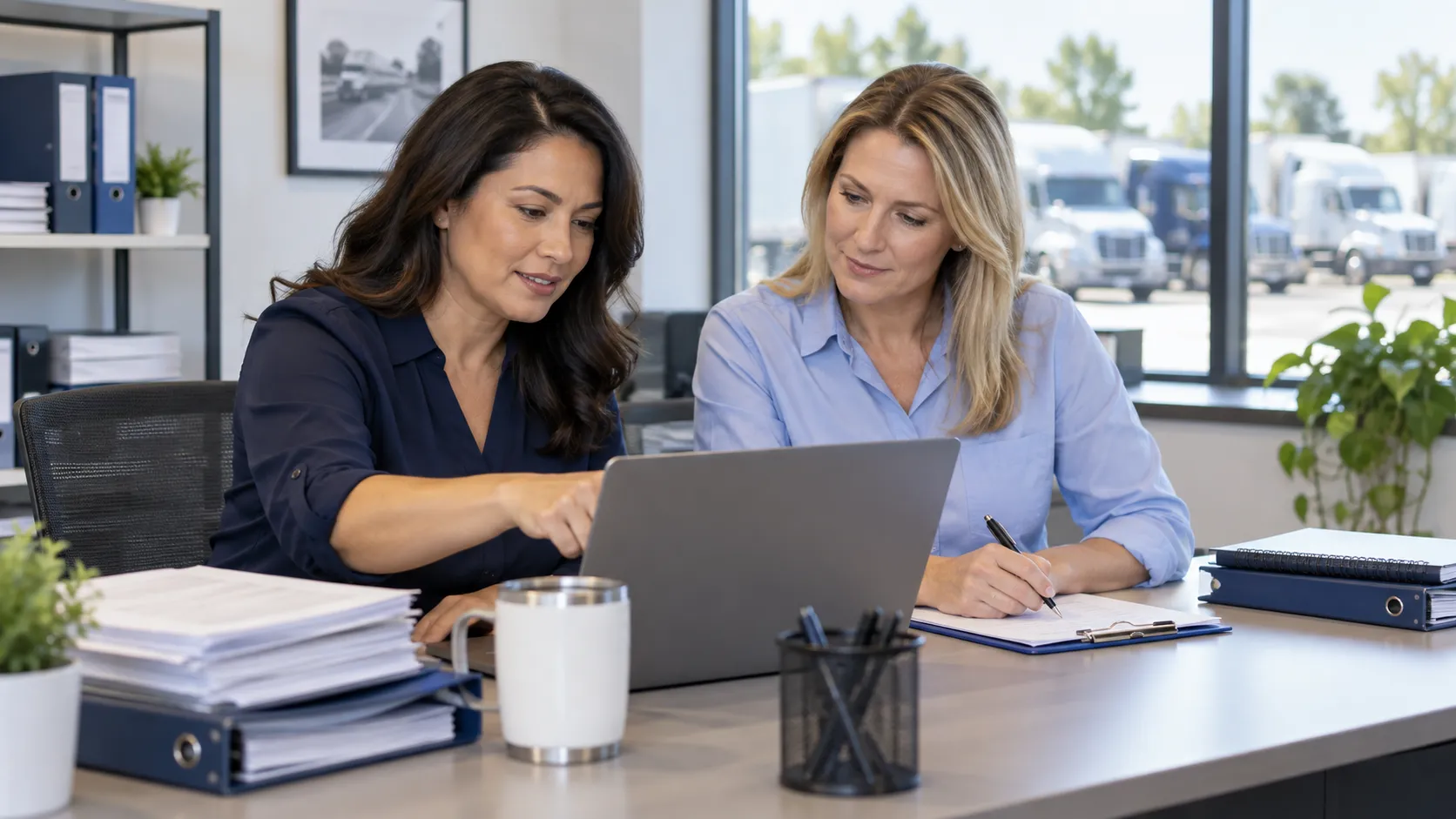 Two administrators reviewing program records and a laptop in a transportation office.
