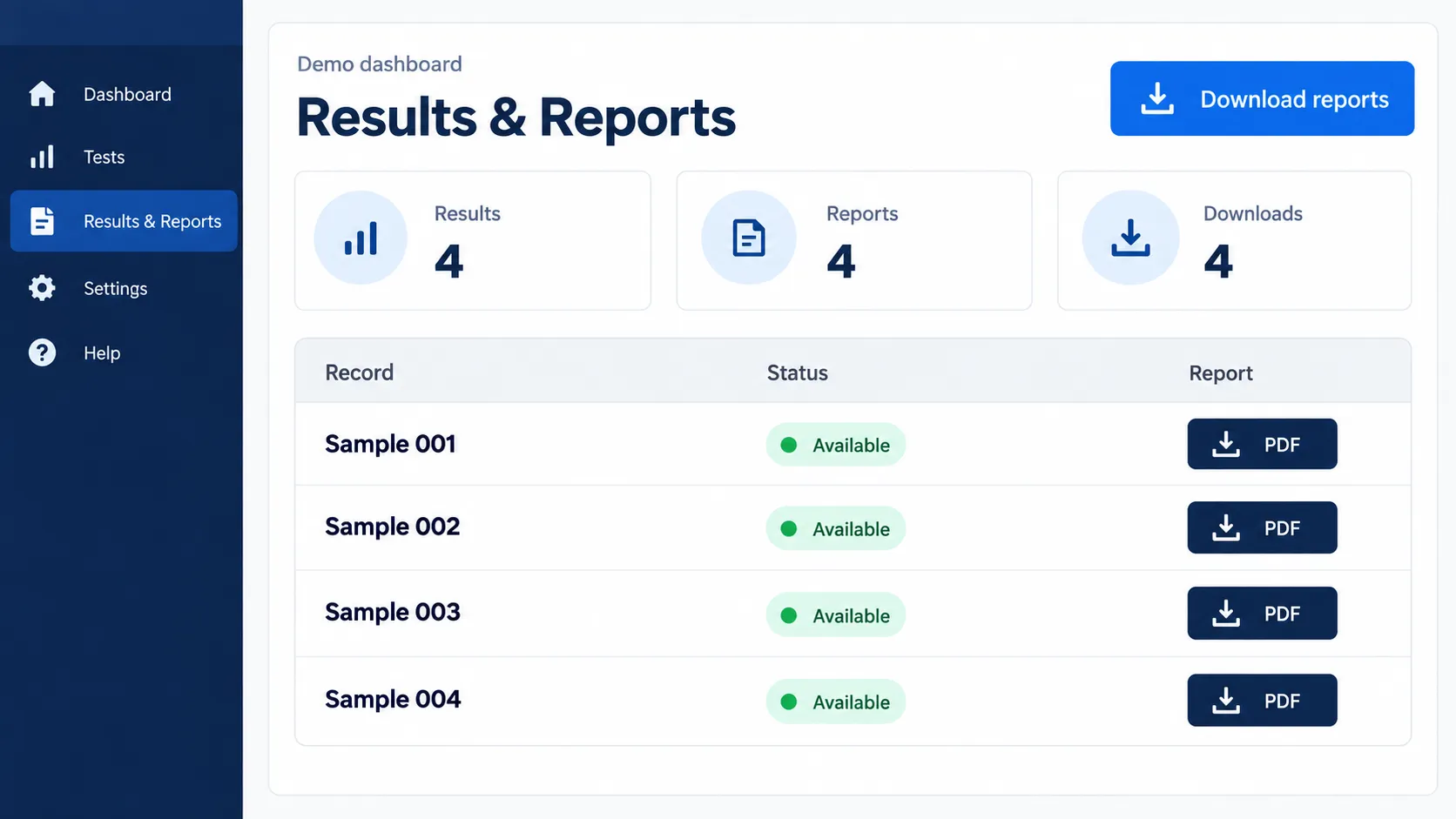 Illustrative results dashboard with sample records and PDF report download buttons.