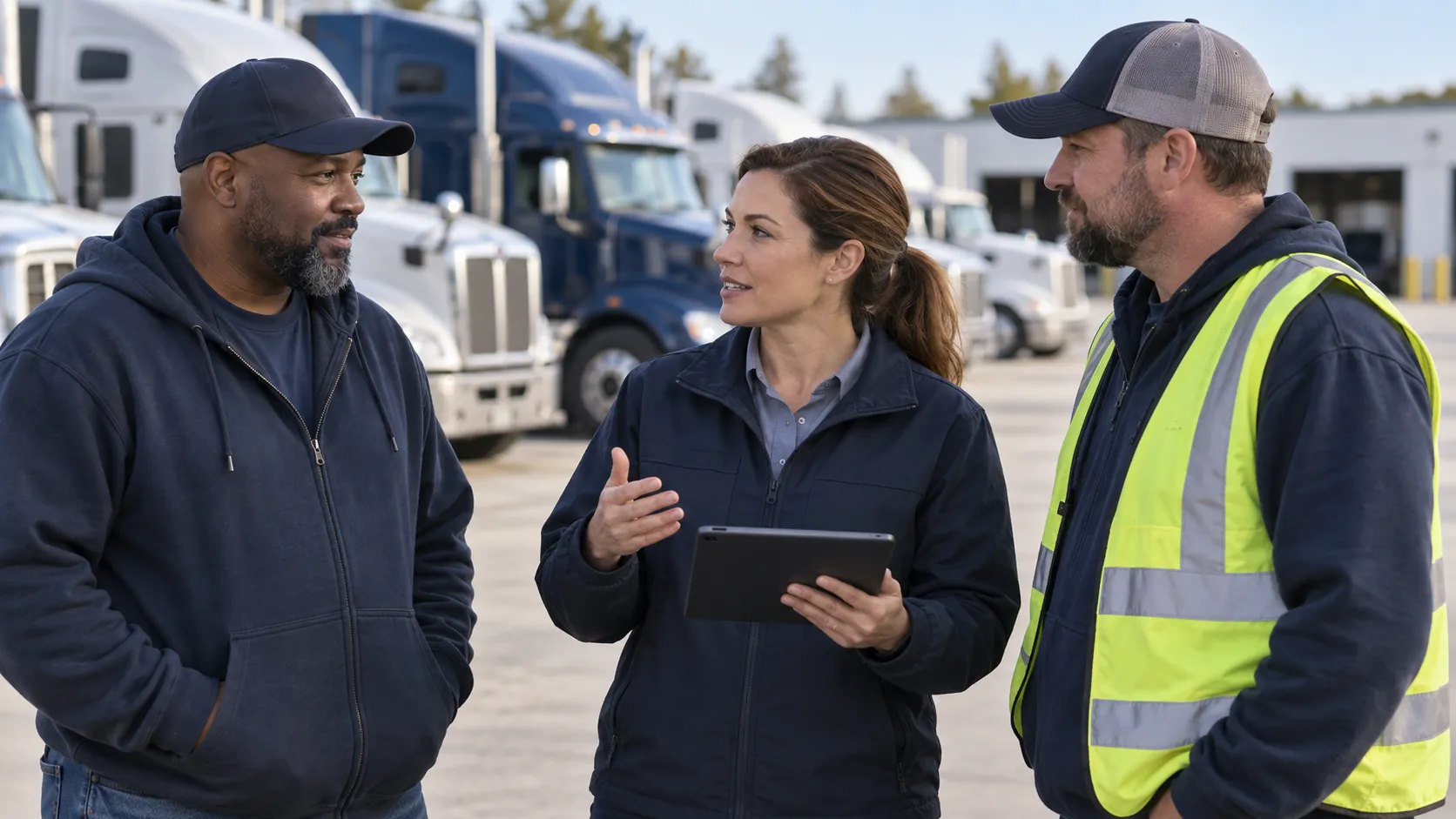 Fleet supervisor speaking with commercial drivers beside parked trucks.