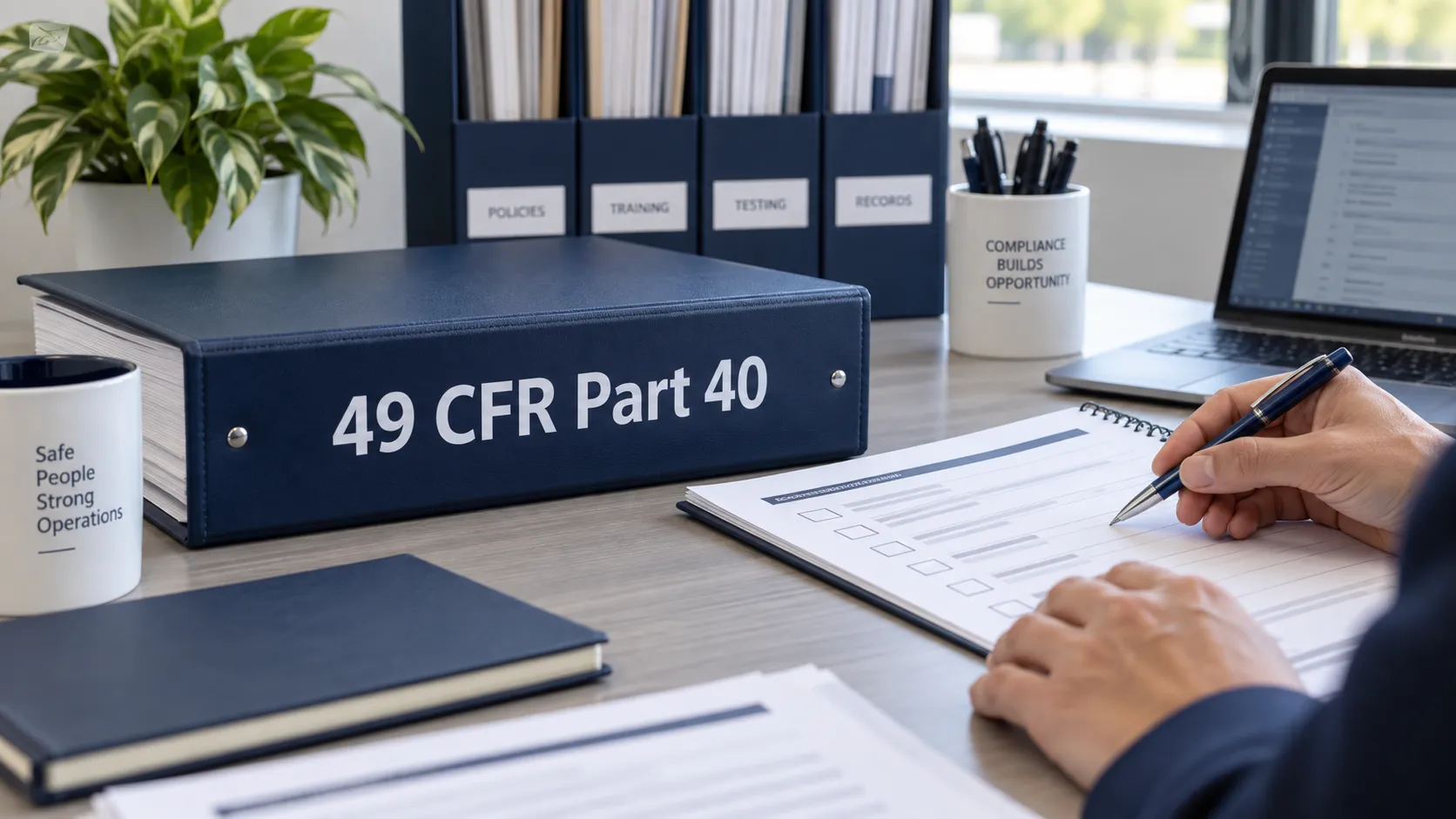 Administrator reviewing program records beside a 49 CFR Part 40 reference binder.