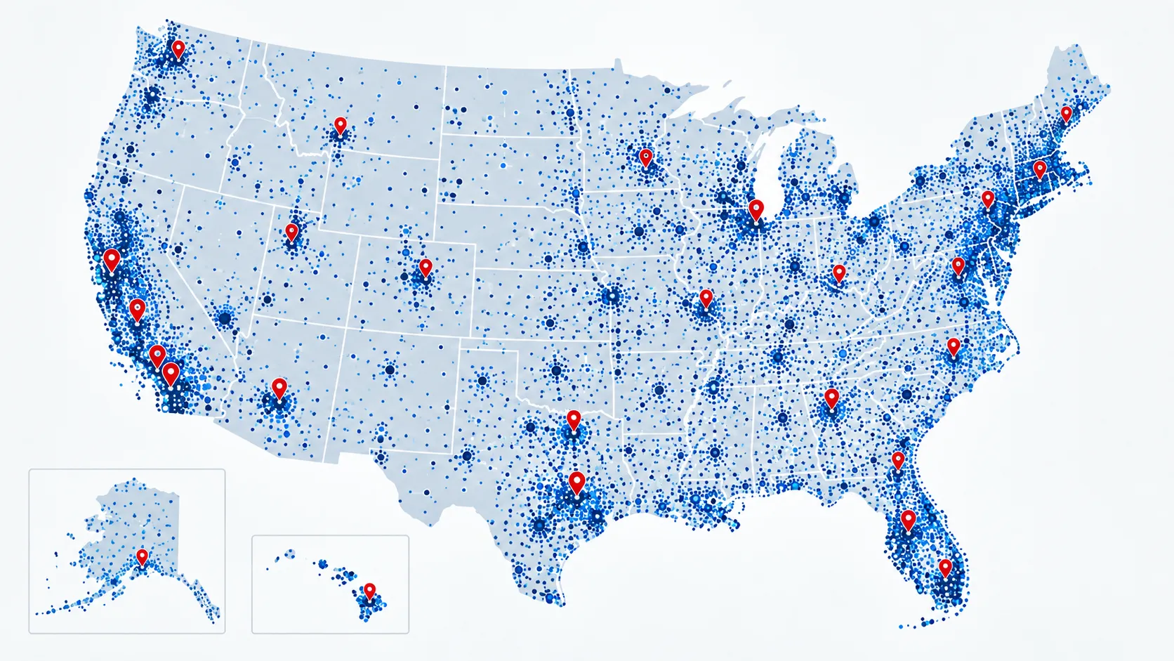 Illustrative U.S. map showing a nationwide collection network with dense location markers, including Alaska and Hawaii.