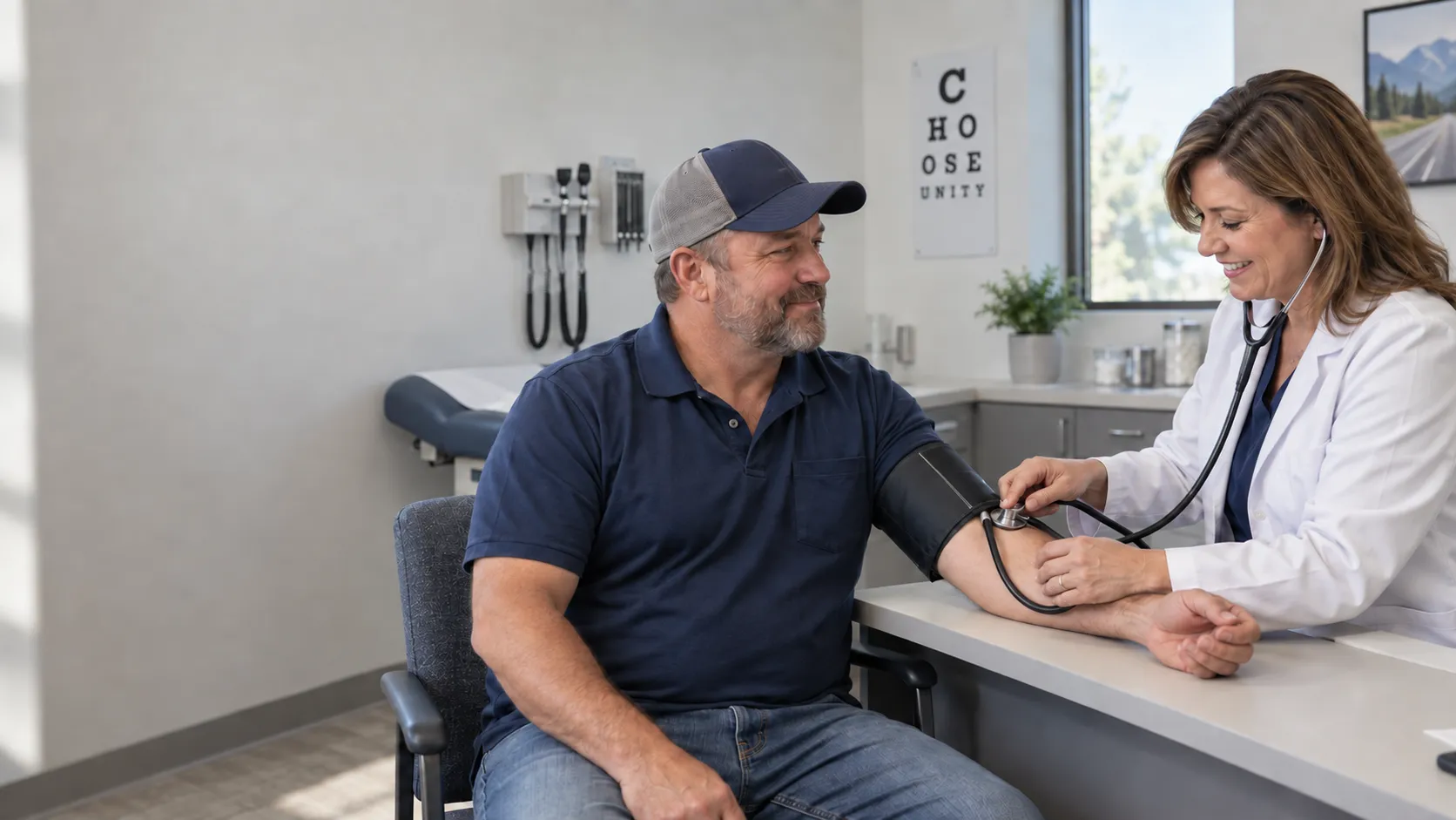 Doctor assessing a commercial driver’s blood pressure during a medical examination.