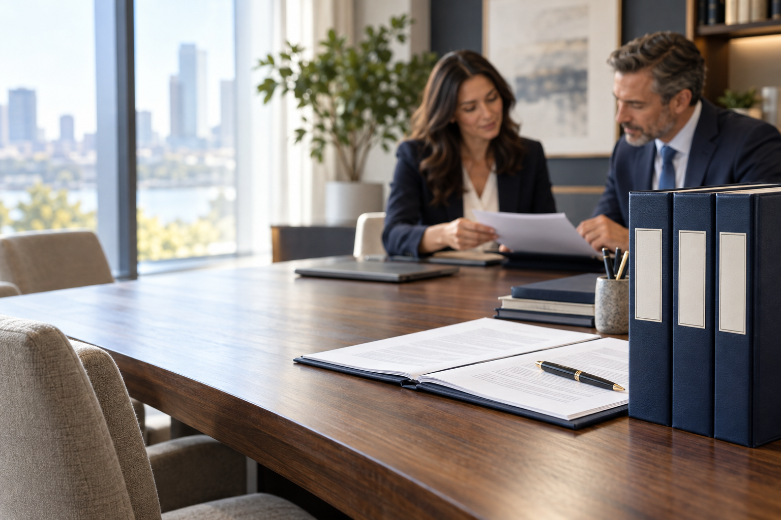 Workplace policy binders and documents on a conference table during a professional consultation.