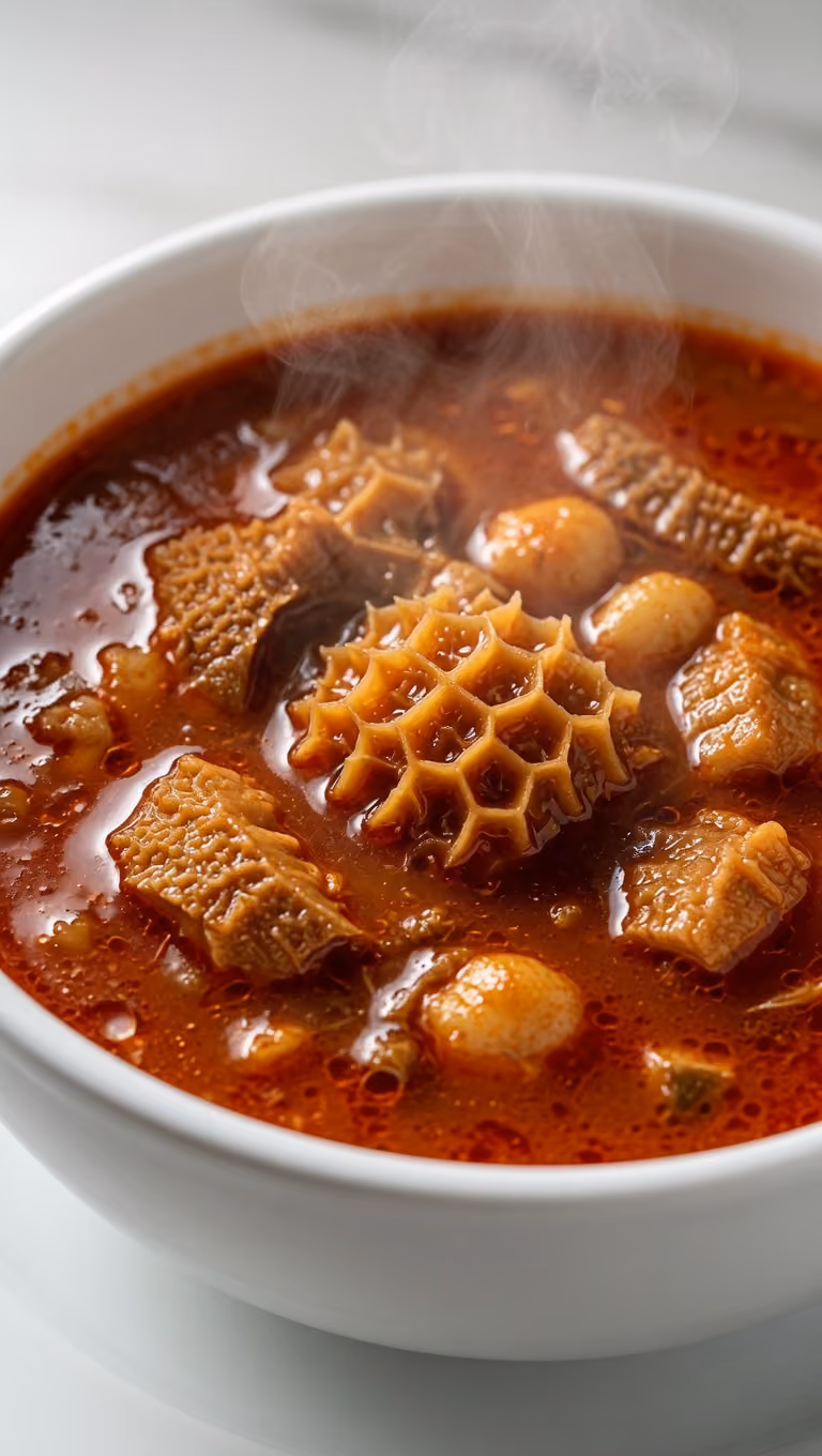 Steaming bowl of rich red soup with pieces of tripe and hominy.