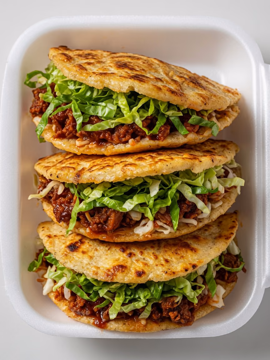 Three stacked tacos with ground meat, shredded lettuce, and cheese in a white container.