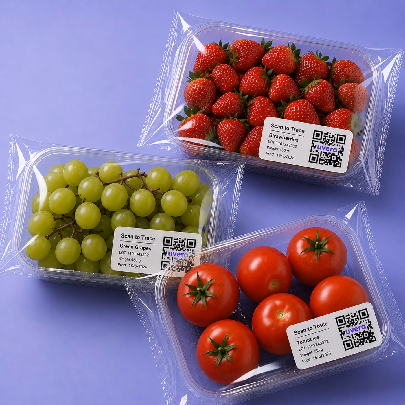 Three plastic packs of fruit with QR codes: strawberries, green grapes, and tomatoes on a purple background.