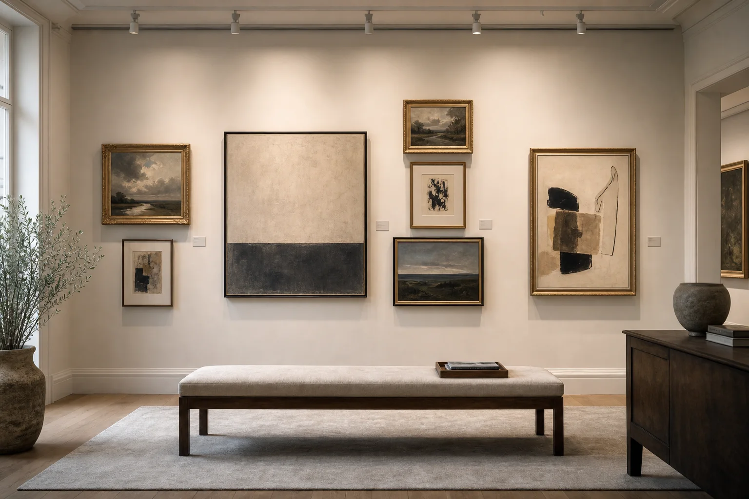 Private gallery wall with framed artworks and a viewing bench