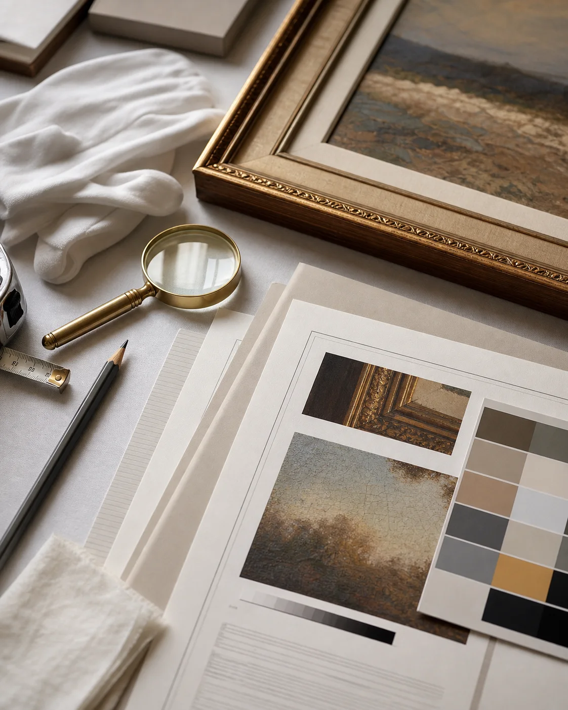 Appraisal documentation with cotton gloves, magnifier, color reference card, and notes