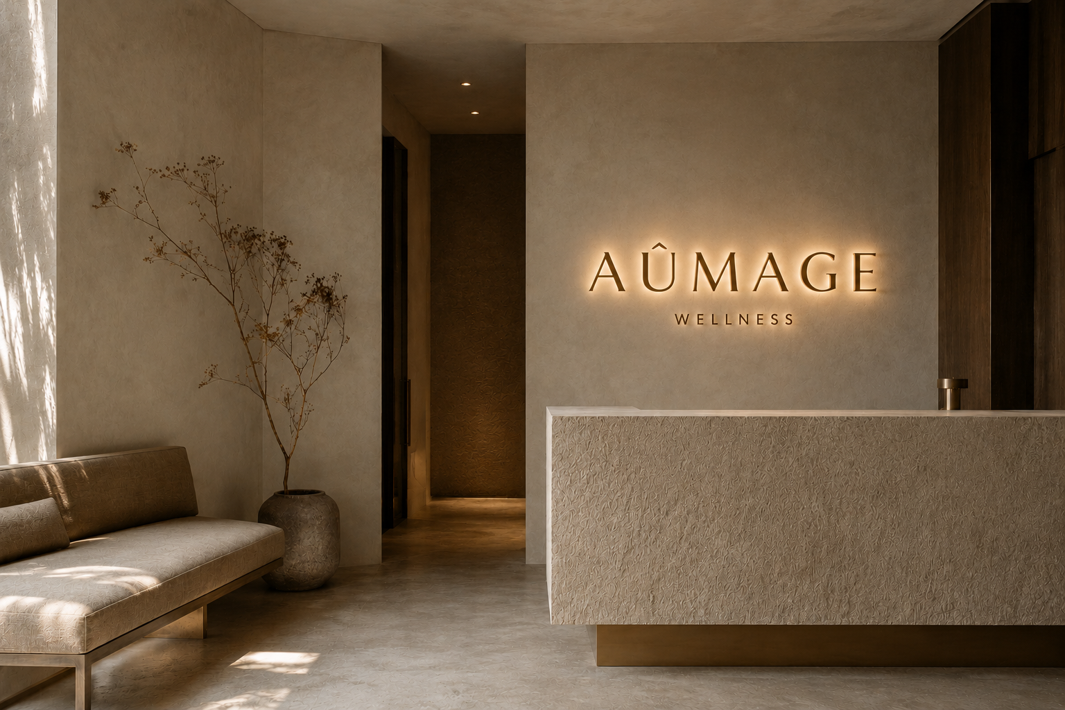 AÛMAGE Wellness reception with backlit signage