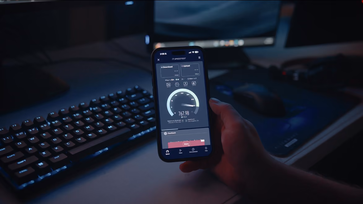 Live speedtest showing 767.98 Mbps on a MyEventWiFi connection in Los Angeles