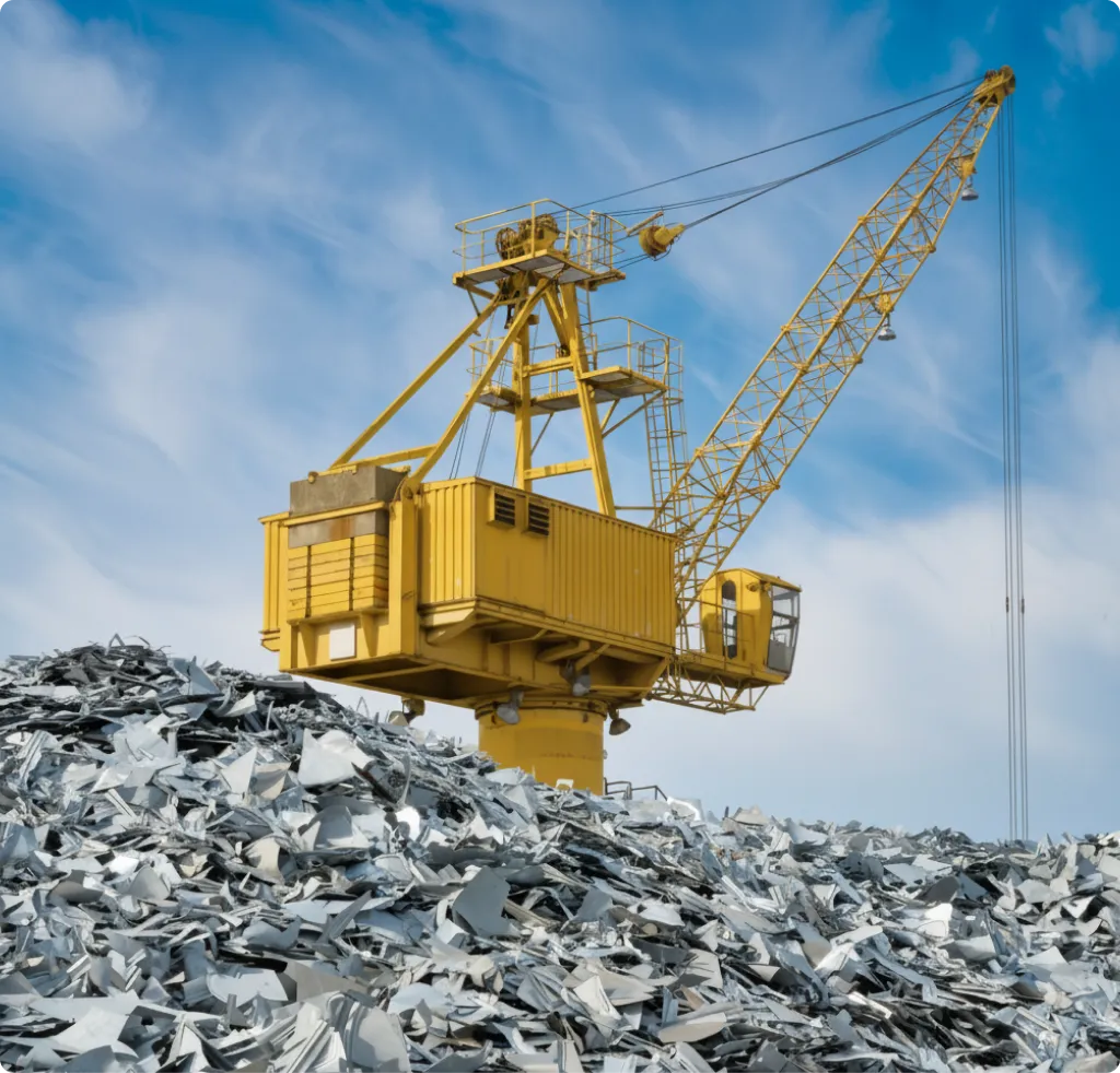 Yellow industrial crane above a large pile of scattered metal scrap.