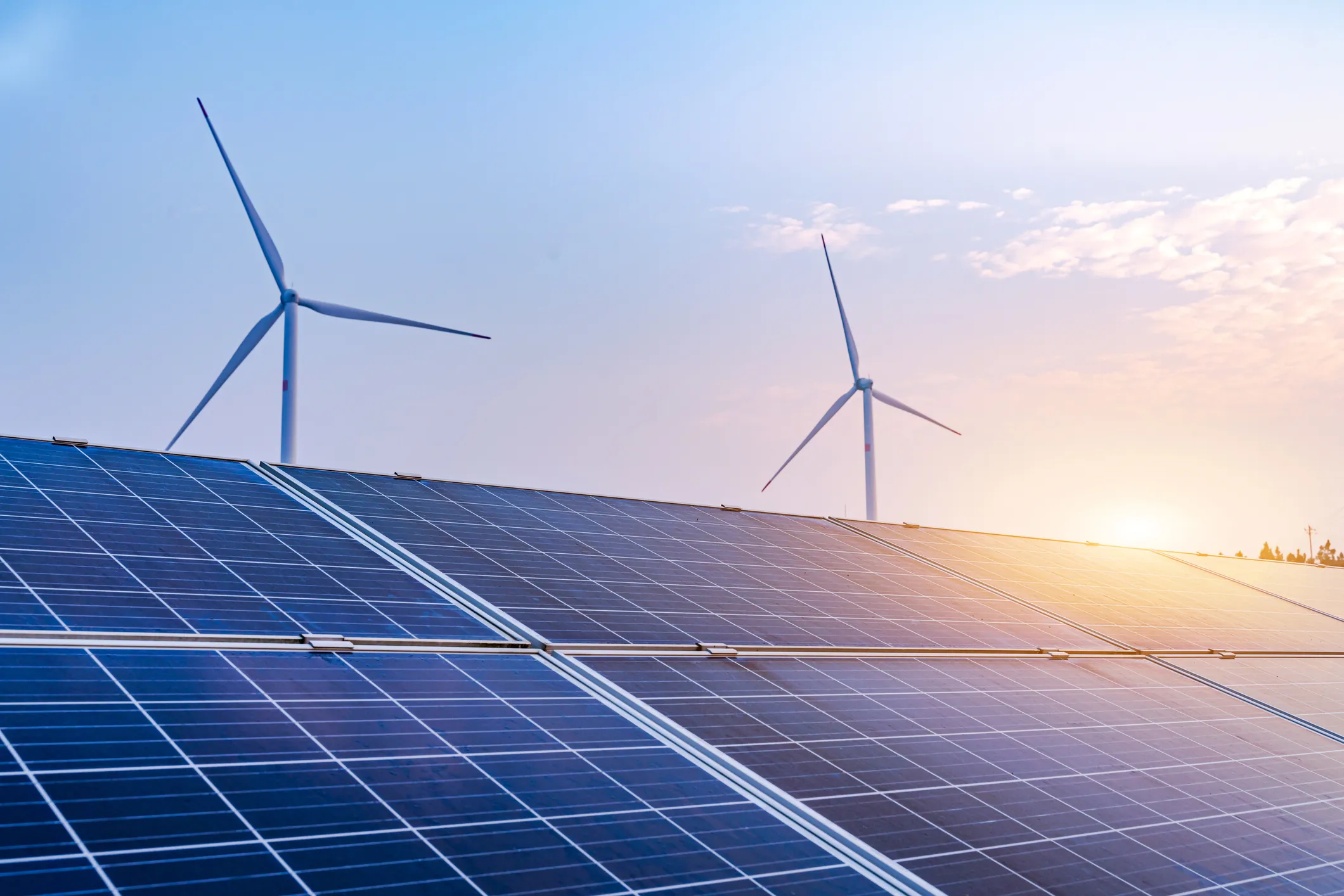 Solar panels with two wind turbines in the background during a sunset or sunrise.