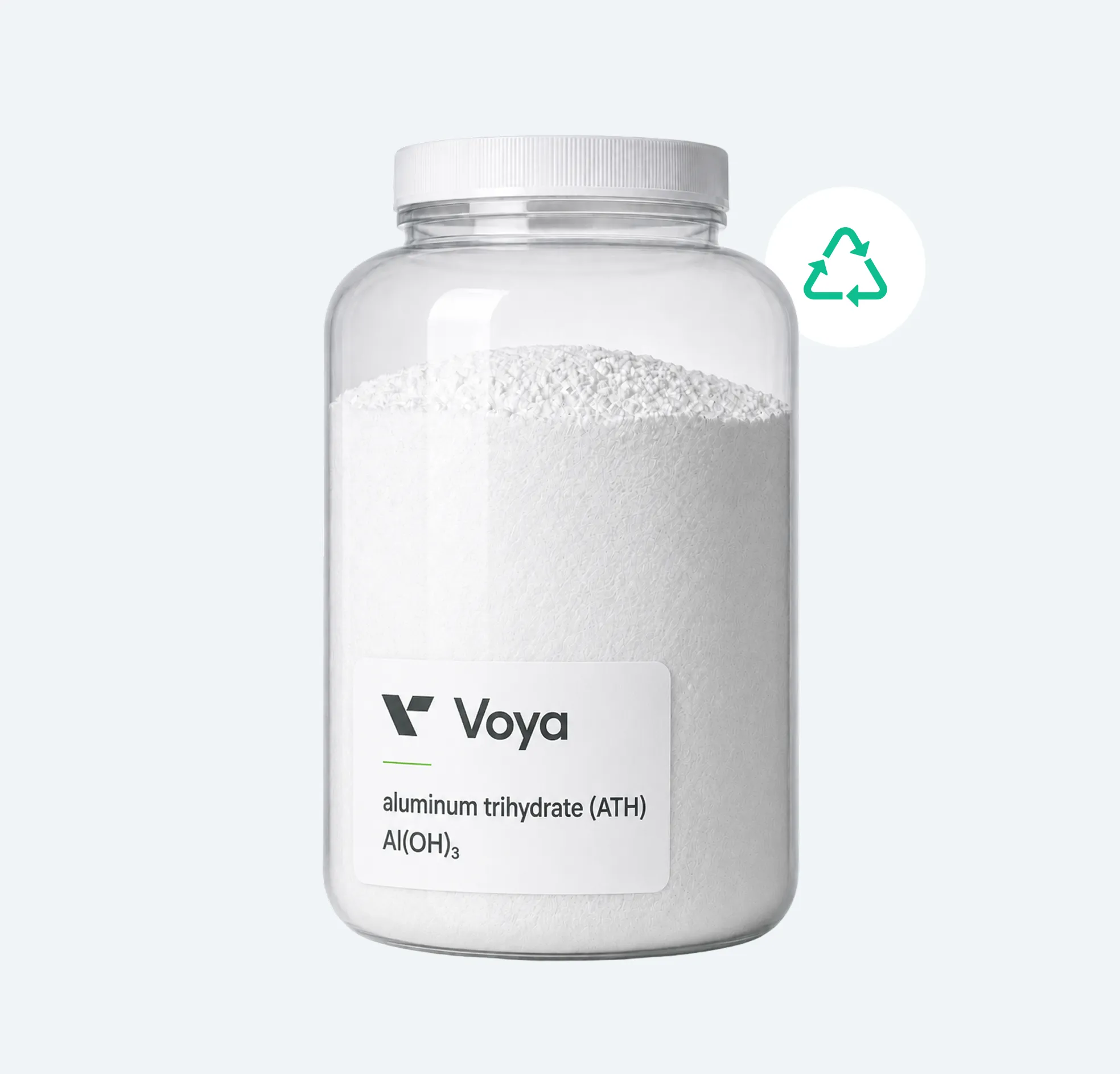 Clear jar labeled aluminum trihydrate (ATH) Al(OH)3 by Voya filled with white granular powder.