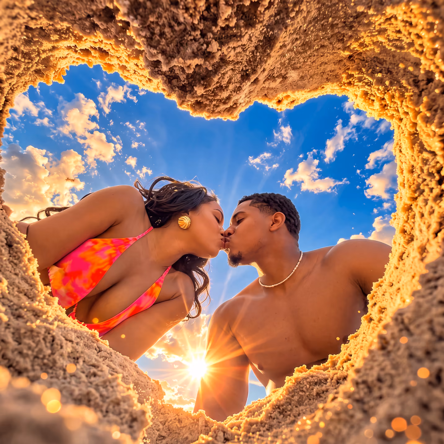 Couple kissing framed inside a heart-shaped hole in the sand at sunset on a Caribbean beach.