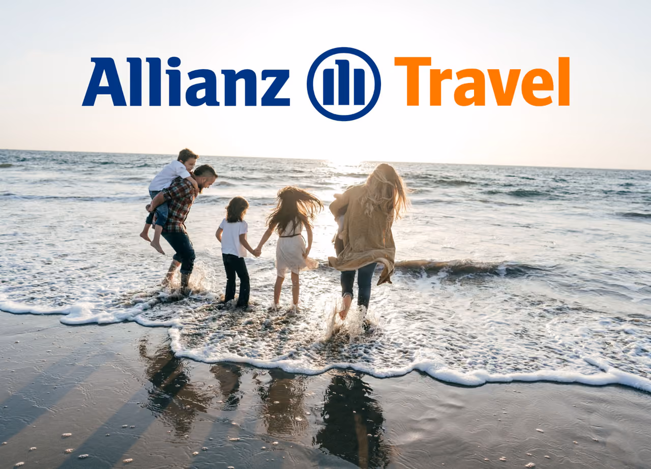 Family of five playing and walking in ocean waves at sunset under Allianz Travel logo.