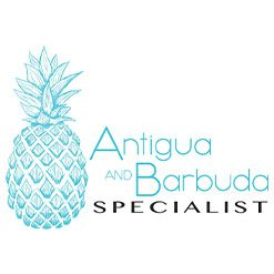 Blue line drawing of a pineapple with text Antigua and Barbuda Specialist.