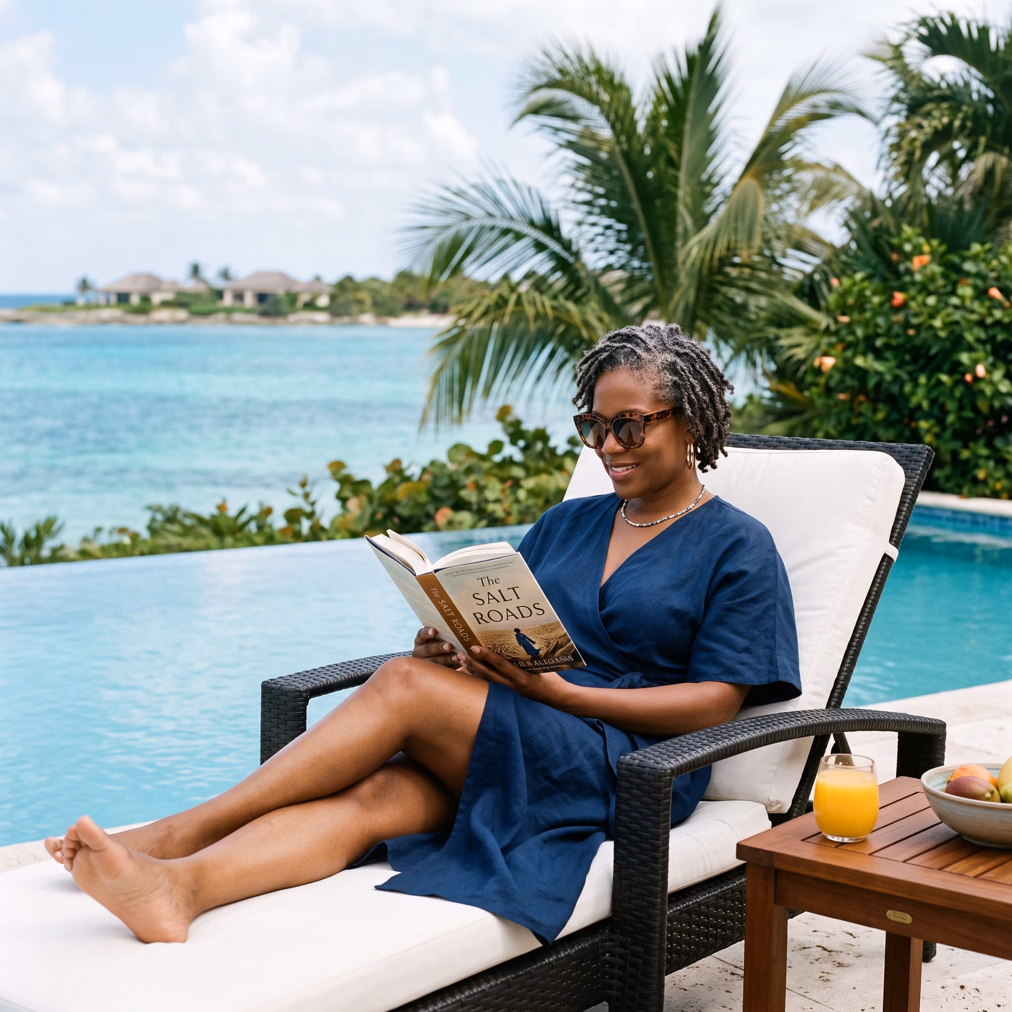 Couple enjoying breakfast on the deck of an overwater bungalow with turquoise water views.