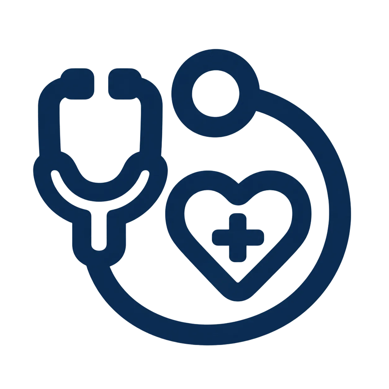Black line drawing of a stethoscope encircling a heart with a medical cross inside it, symbolizing health care or medical care.