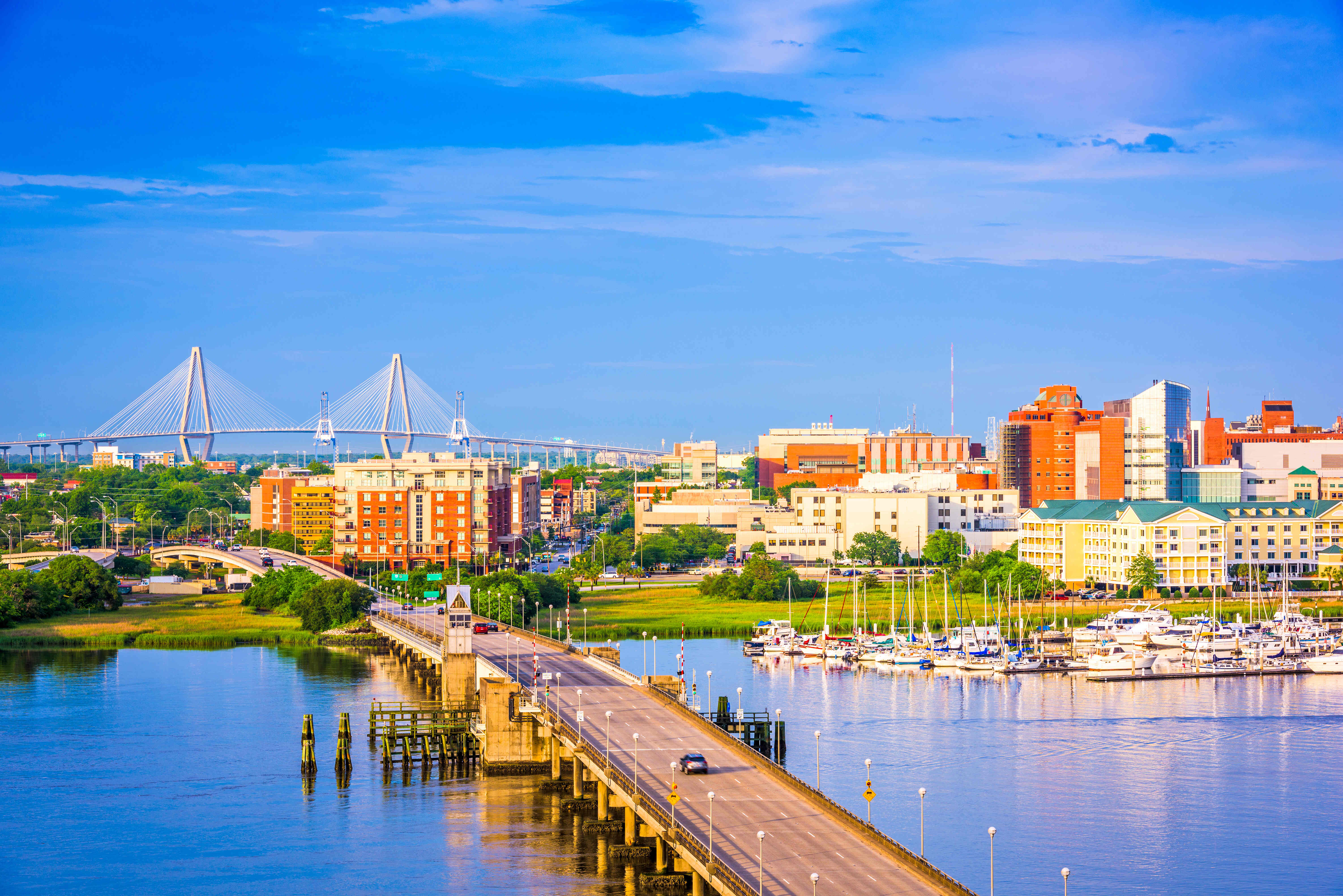 The Charleston, South Carolina skyline along the waterfront, showing the local Lowcountry area where Grzzly Digital helps tradesmen and service businesses grow.