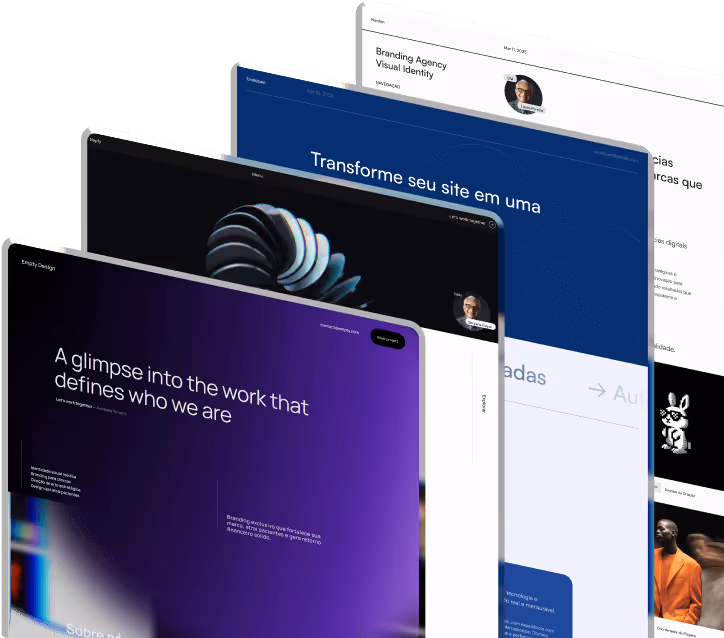 Stacked layers of website pages showing branding agency visual identity and a design portfolio with text in English and Portuguese.